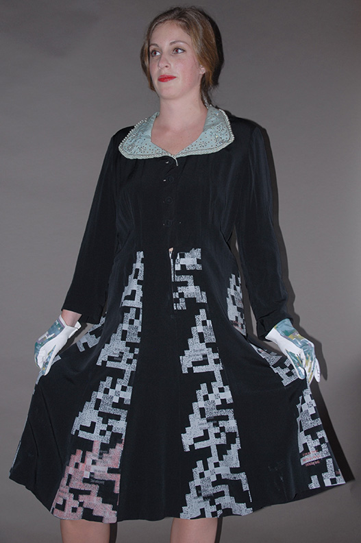 Sanzi Kermes, Textiles, Multi-Panel Black Dress W Jewel Collar